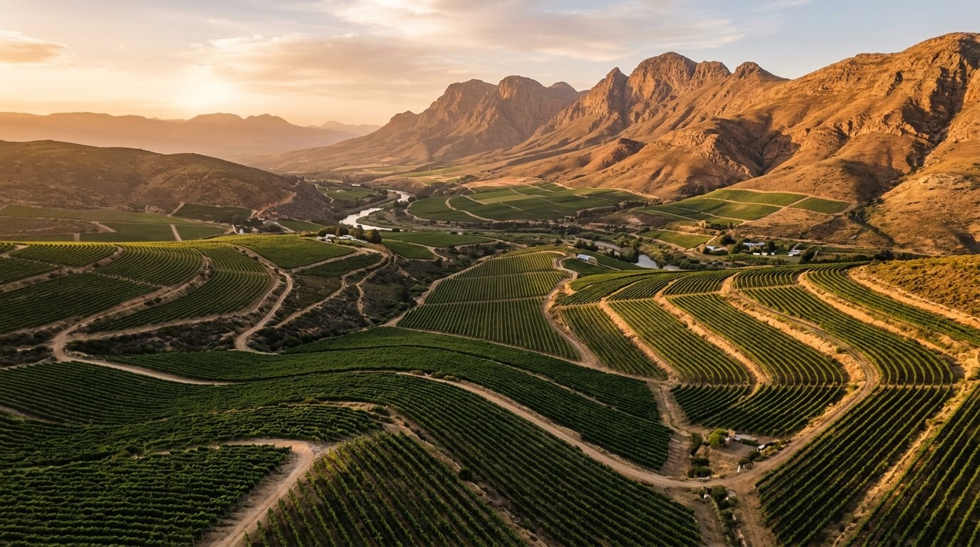 Vineyards and mountains in the Hex River Valley at golden hour