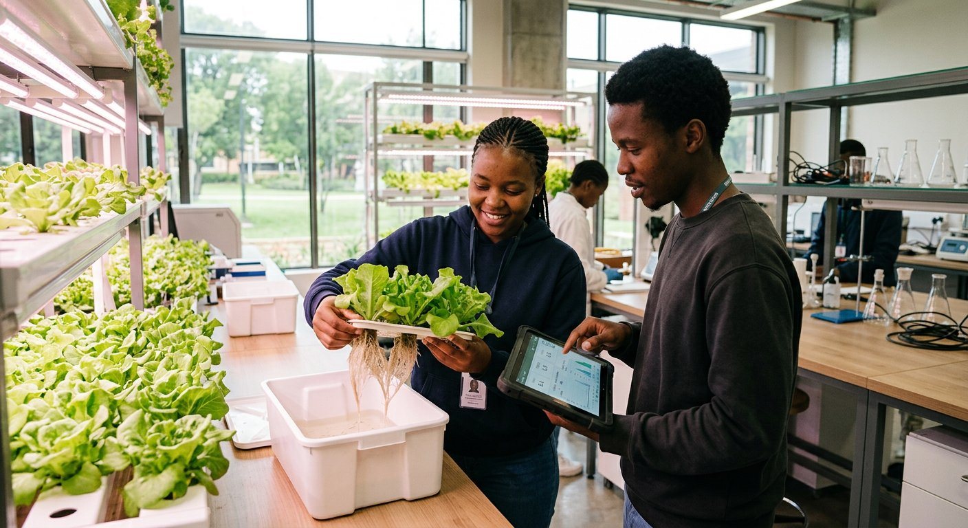 Studente in die HexTech-landboutegnologielaboratorium